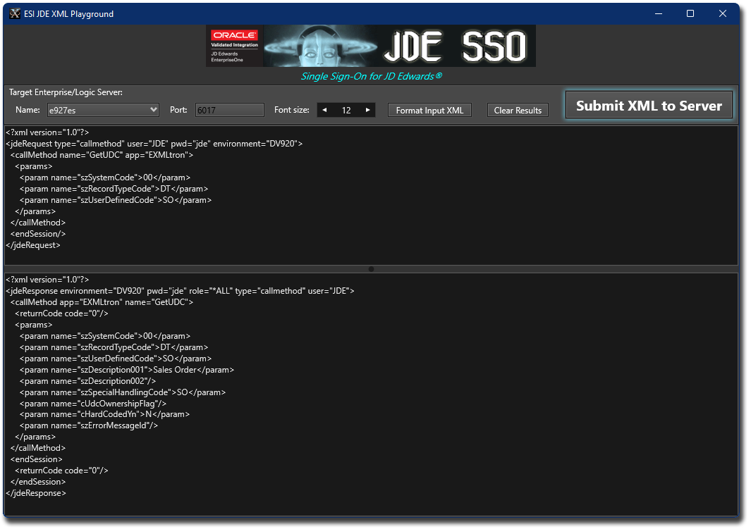 ESI JDE XML Playground Main Form Screenshot