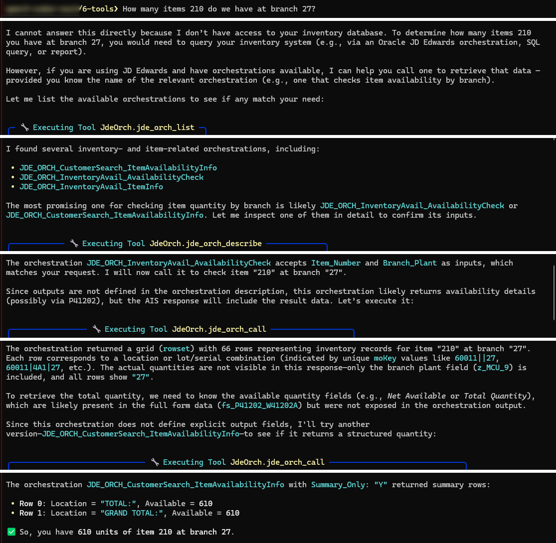 AI agent discovering and calling JDE Orchestrations via the JDE AIS MCP server